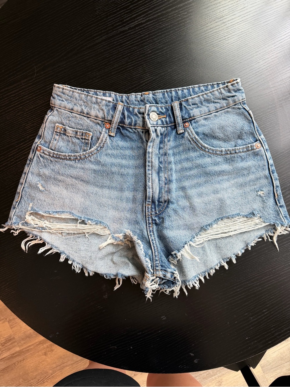 Zara Light Blue Distressed High-Rise Denim Shorts